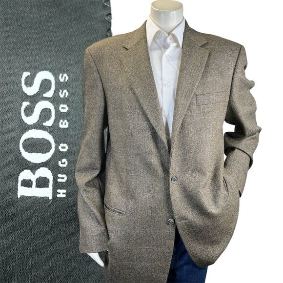 Boss Hugo Blazer Men 44L Wool Herringbone Windowpane Tweed Sport Coat Jacket - Picture 1 of 15